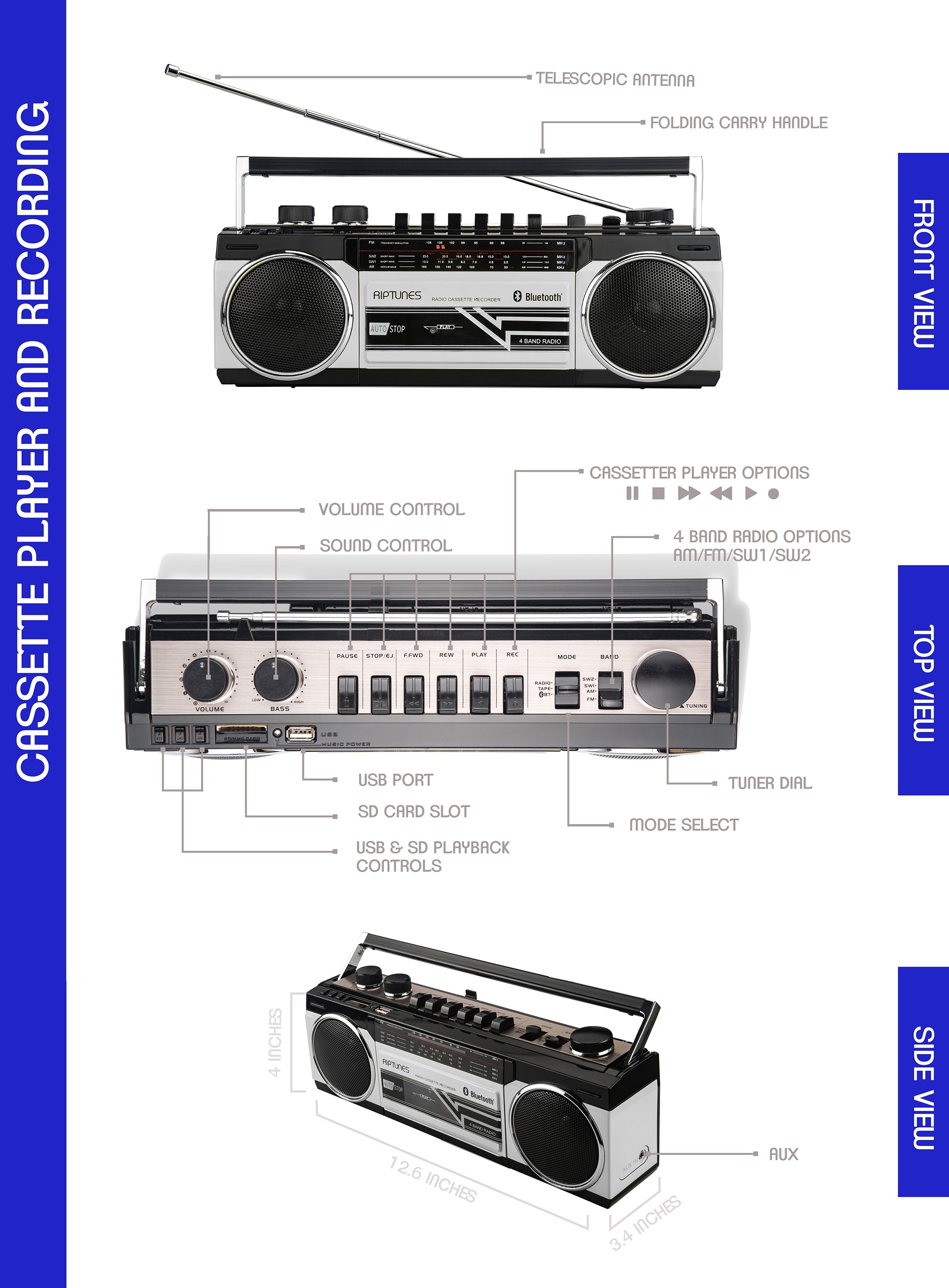 Riptunes Enregistreur cassette portable - Convertisseur de cassette vers  USB - Convertisseur numérique de musique audio rétro pour salle de classe 