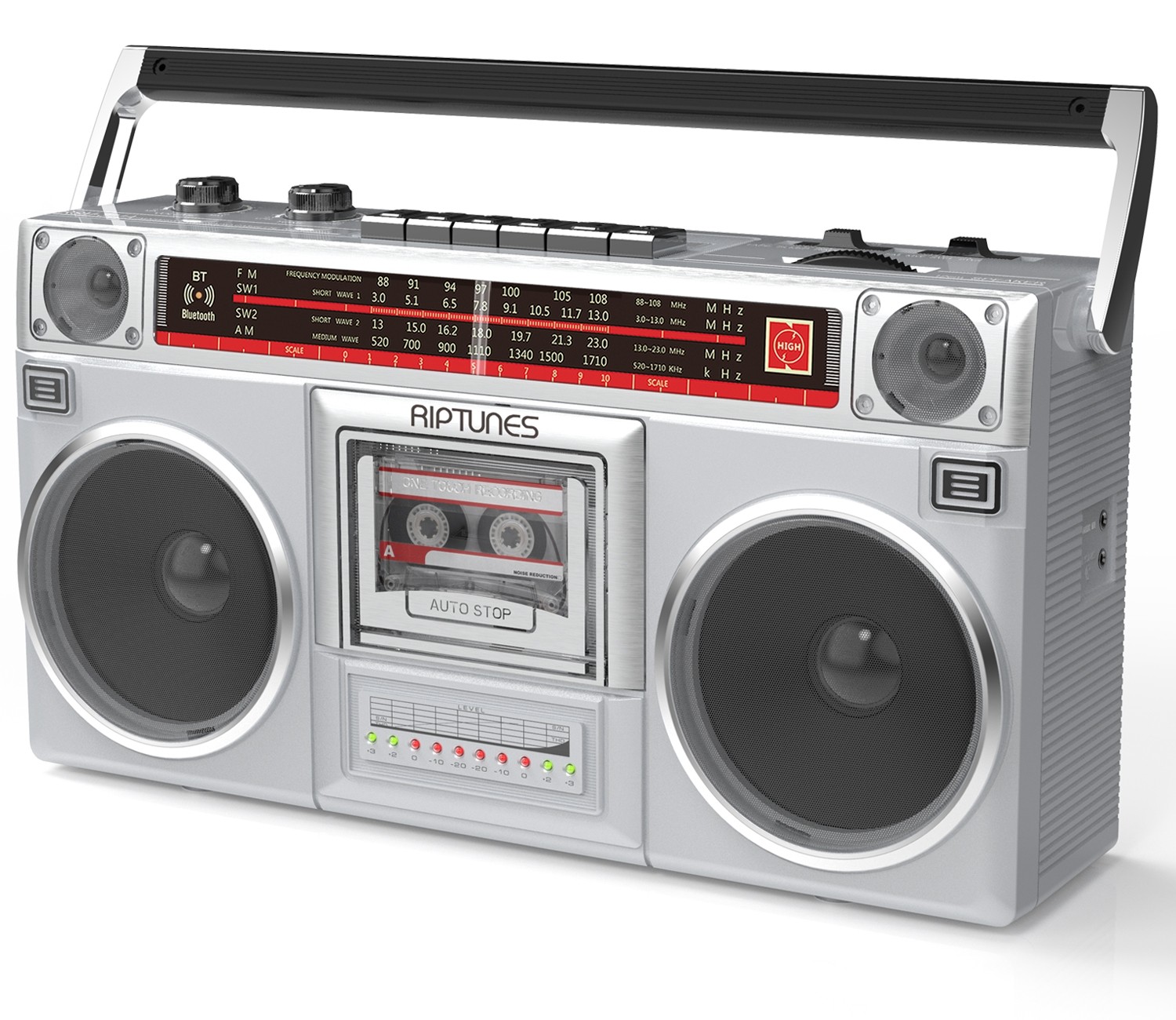 Riptunes Radio Cassette Stereo Boombox With Bluetooth Audio - Silver