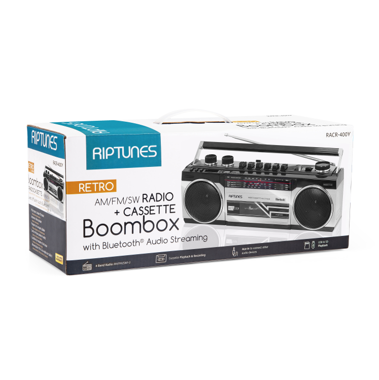 Cassette Player and Recorder Riptunes Cassette Boombox Silver SD AM/FM/ SW-1-SW2 Radio-4-Band Radio USB Retro Blueooth Boombox 